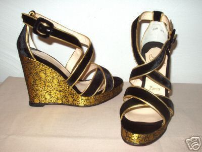 Christian Louboutin VIVA ZEPPA black velvet gold brocade wedge sandals 