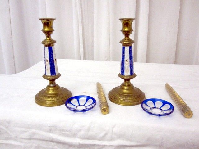   Pair of Cobalt Blue Porcelain & Brass Candle Sticks European RARE Nice