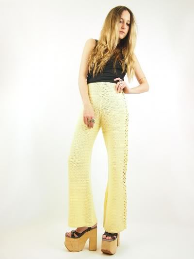 Vtg 70s Sheer CROCHET Lace CUT OUT Floral Knit BELL BOTTOM Pants S 