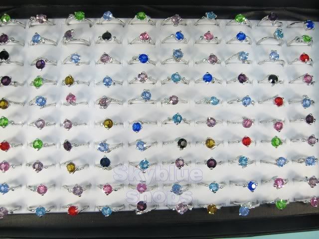 wholesale lots 100 LARGE COLOR CRYSTAL CZ SILVER RINGS  