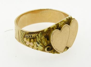 Rare Antique Art Nouveau Double Heart Yellow Gold Ring  