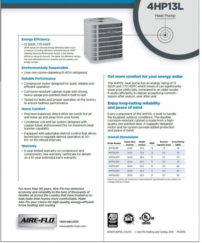 TON R410a 13 SEER Heat Pump Split System/Air Handler/Heater  